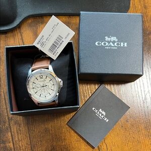 Coach Silver-Tone Chronograph Watch with Tan Leather Strap